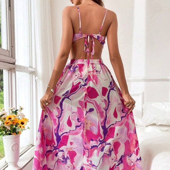 Shein Allover Pink Print Backless Cami Dress - Picture 2 of 2